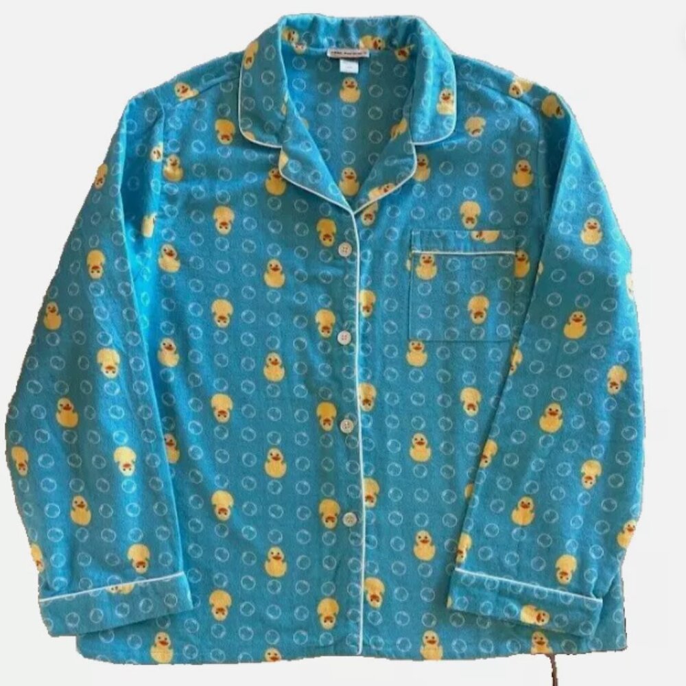 Women's Anna New York Flannel Pajama Shirt button up YELLOW DUCKS BUBBLES LARGE